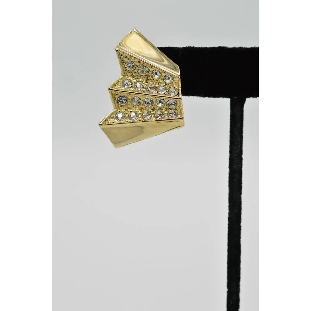 Vintage Crystal Clip On Earrings Gold Tone Sparkling Rhinestone NOS 1980s 9L